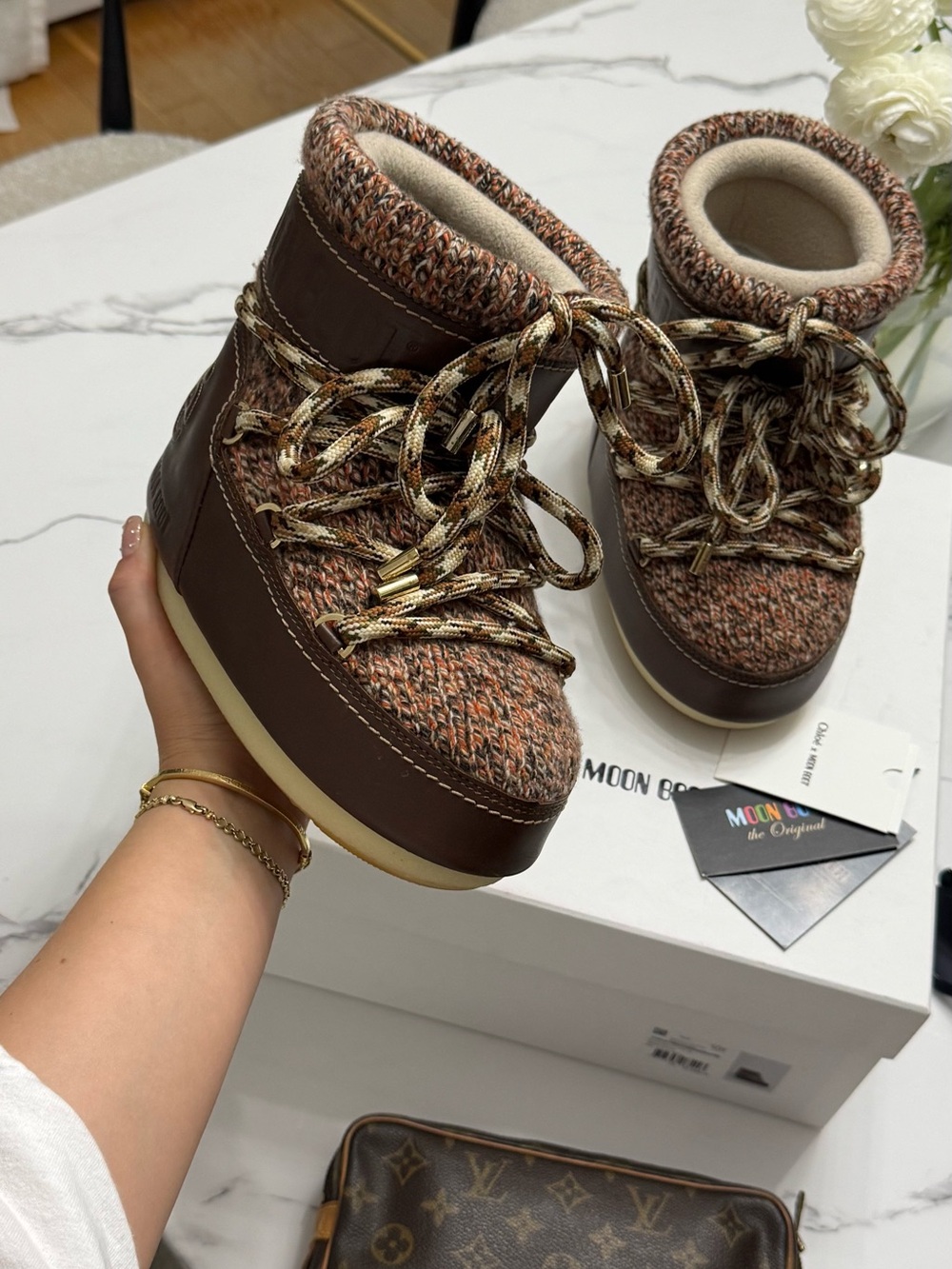 Chloé x Moon Boot Brown Cream Leather Knit Winter Boots Size 7